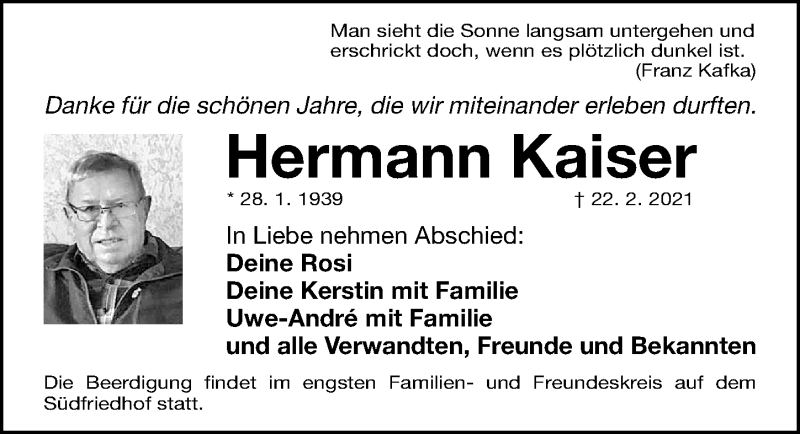  Traueranzeige für Hermann Kaiser vom 27.02.2021 aus Gesamtausgabe Nürnberger Nachrichten/ Nürnberger Ztg.