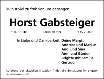 Traueranzeige von Horst Gabsteiger von Gesamtausgabe Nürnberger Nachrichten/ Nürnberger Ztg.