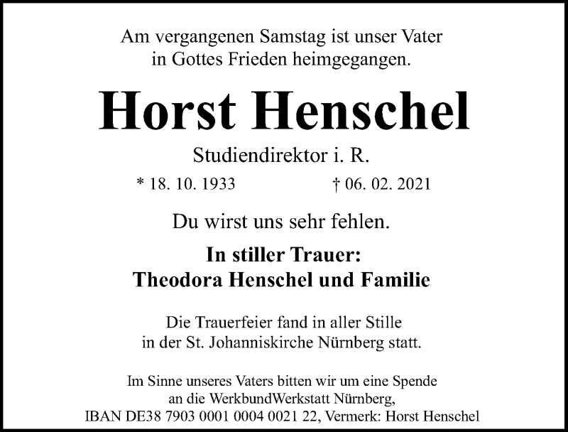  Traueranzeige für Horst Henschel vom 13.02.2021 aus Gesamtausgabe Nürnberger Nachrichten/ Nürnberger Ztg.