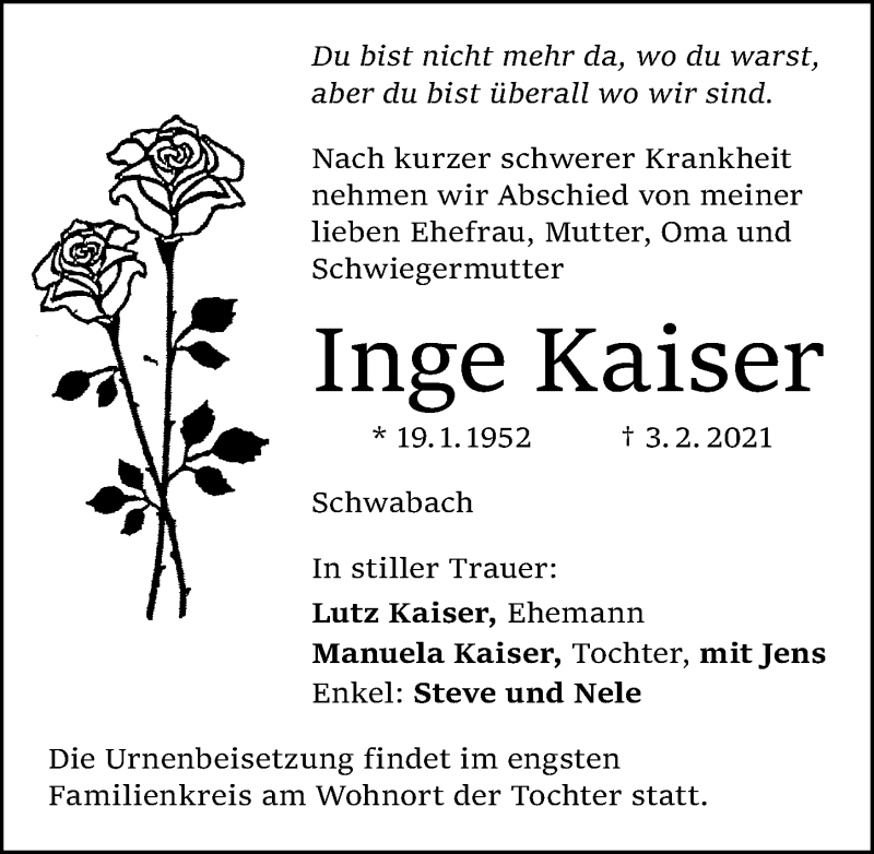  Traueranzeige für Inge Kaiser vom 13.02.2021 aus Schwabacher Tagblatt Lokal