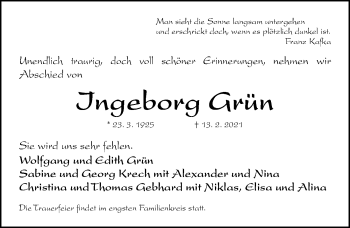 Traueranzeige von Ingeborg Grün von Gesamtausgabe Nürnberger Nachrichten/ Nürnberger Ztg.