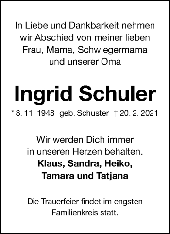 Traueranzeige von Ingrid Schuler von Gesamtausgabe Nürnberger Nachrichten/ Nürnberger Ztg.