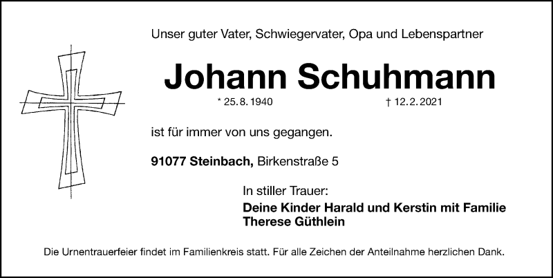  Traueranzeige für Johann Schuhmann vom 20.02.2021 aus Erlanger Nachrichten Lokal