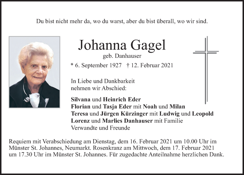  Traueranzeige für Johanna Gagel vom 13.02.2021 aus Neumarkter Nachrichten Lokal