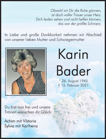 Traueranzeige von Karin Bader von Gesamtausgabe Nürnberger Nachrichten/ Nürnberger Ztg.