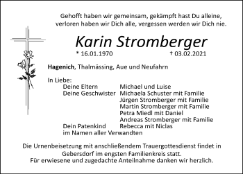 Traueranzeige von Karin Stromberger von Roth-Hilpoltsteiner Volkszeitung Lokal