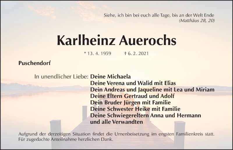  Traueranzeige für Karlheinz Auerochs vom 18.02.2021 aus Fürther Nachrichten Lokal