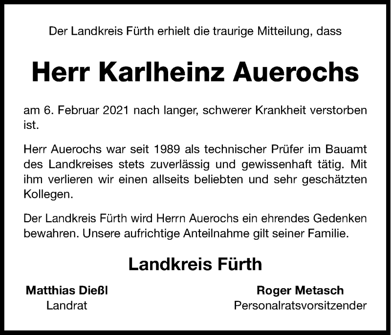  Traueranzeige für Karlheinz Auerochs vom 18.02.2021 aus Fürther Nachrichten Lokal