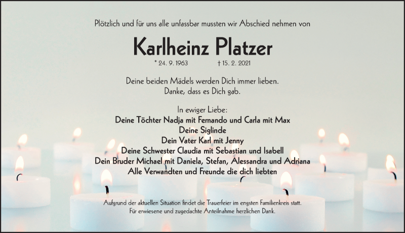 Traueranzeige für Karlheinz Platzer vom 27.02.2021 aus Gesamtausgabe Nürnberger Nachrichten/ Nürnberger Ztg.