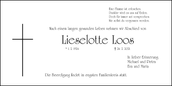 Traueranzeige von Lieselotte Loos von Fürther Nachrichten Lokal