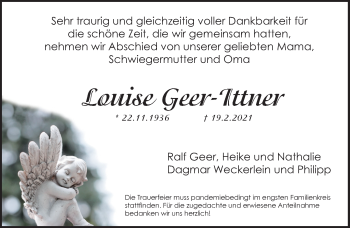 Traueranzeige von Louise Geer-Ittner von Gesamtausgabe Nürnberger Nachrichten/ Nürnberger Ztg.