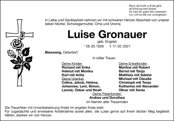 Traueranzeige von Luise Gronauer von Weißenburger Tagblatt u.Treuchtlinger Kurier Lokal