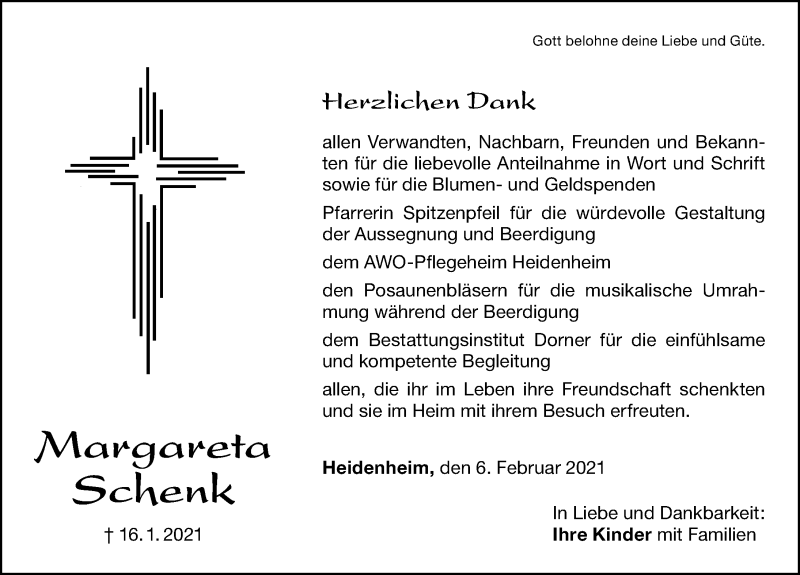  Traueranzeige für Margareta Schenk vom 06.02.2021 aus Altmühl-Bote Lokal