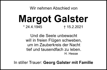 Traueranzeige von Margot Galster von Gesamtausgabe Nürnberger Nachrichten/ Nürnberger Ztg.
