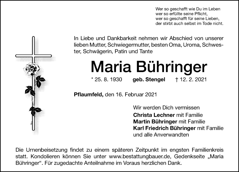  Traueranzeige für Maria Bühringer vom 16.02.2021 aus Altmühl-Bote Lokal