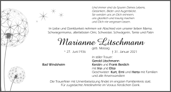 Traueranzeige von Marianne Litschmann von Windsheimer Zeitung Lokal