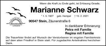 Traueranzeige von Marianne Schwarz von Gesamtausgabe Nürnberger Nachrichten/ Nürnberger Ztg.