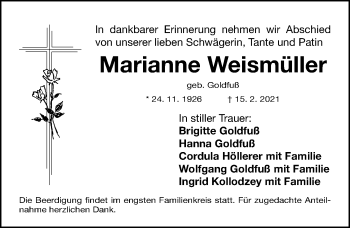 Traueranzeige von Marianne Weismüller von Gesamtausgabe Nürnberger Nachrichten/ Nürnberger Ztg.