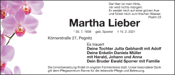 Traueranzeige von Martha Lieber von Nordbayerische Nachrichten Pegnitz Lokal