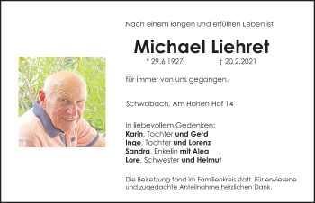 Traueranzeige von Michael Liehret von Schwabacher Tagblatt Lokal