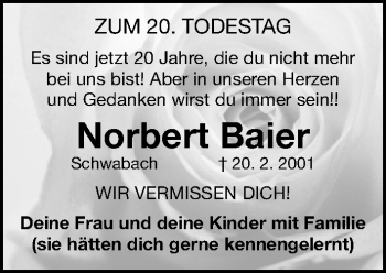 Traueranzeige von Norbert Baier von Schwabacher Tagblatt Lokal