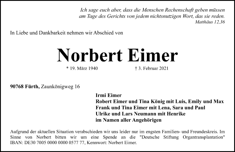  Traueranzeige für Norbert Eimer vom 06.02.2021 aus Gesamtausgabe Nürnberger Nachrichten/ Nürnberger Ztg.