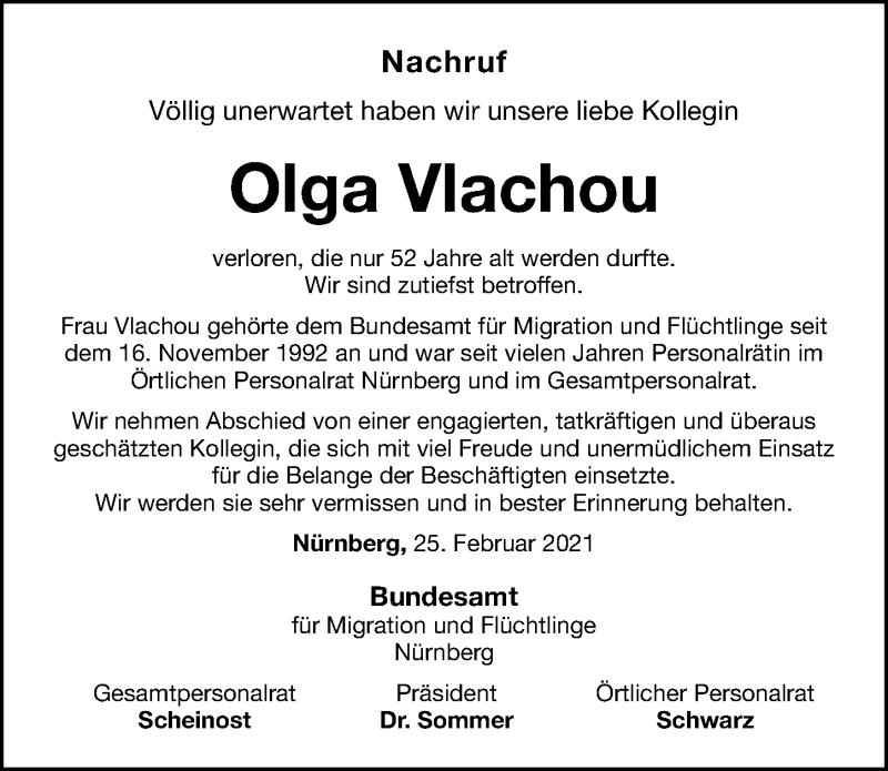  Traueranzeige für Olga Vlachou vom 27.02.2021 aus Gesamtausgabe Nürnberger Nachrichten/ Nürnberger Ztg.
