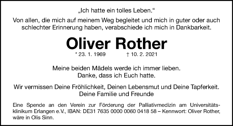  Traueranzeige für Oliver Rother vom 13.02.2021 aus Gesamtausgabe Nürnberger Nachrichten/ Nürnberger Ztg.