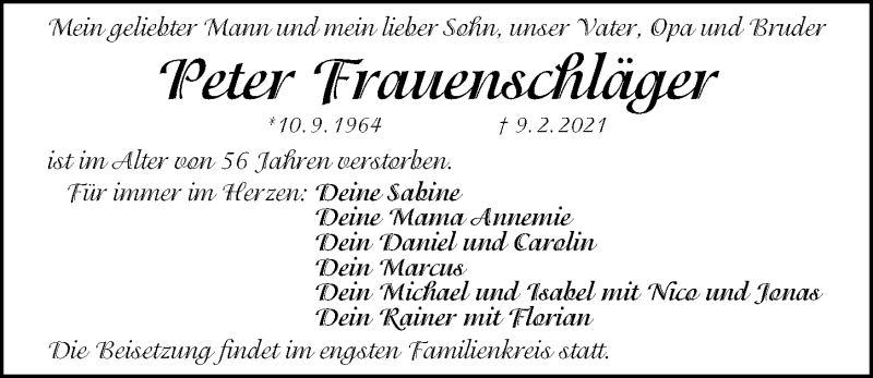  Traueranzeige für Peter Frauenschläger vom 13.02.2021 aus Gesamtausgabe Nürnberger Nachrichten/ Nürnberger Ztg.