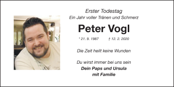 Traueranzeige von Peter Vogl von Gesamtausgabe Nürnberger Nachrichten/ Nürnberger Ztg.