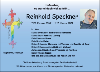 Traueranzeige von Reinhold Speckner von Nordbayerische Nachrichten Pegnitz Lokal