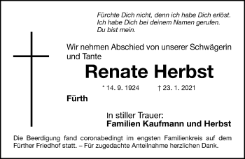 Traueranzeige von Renate Herbst von Fürther Nachrichten Lokal