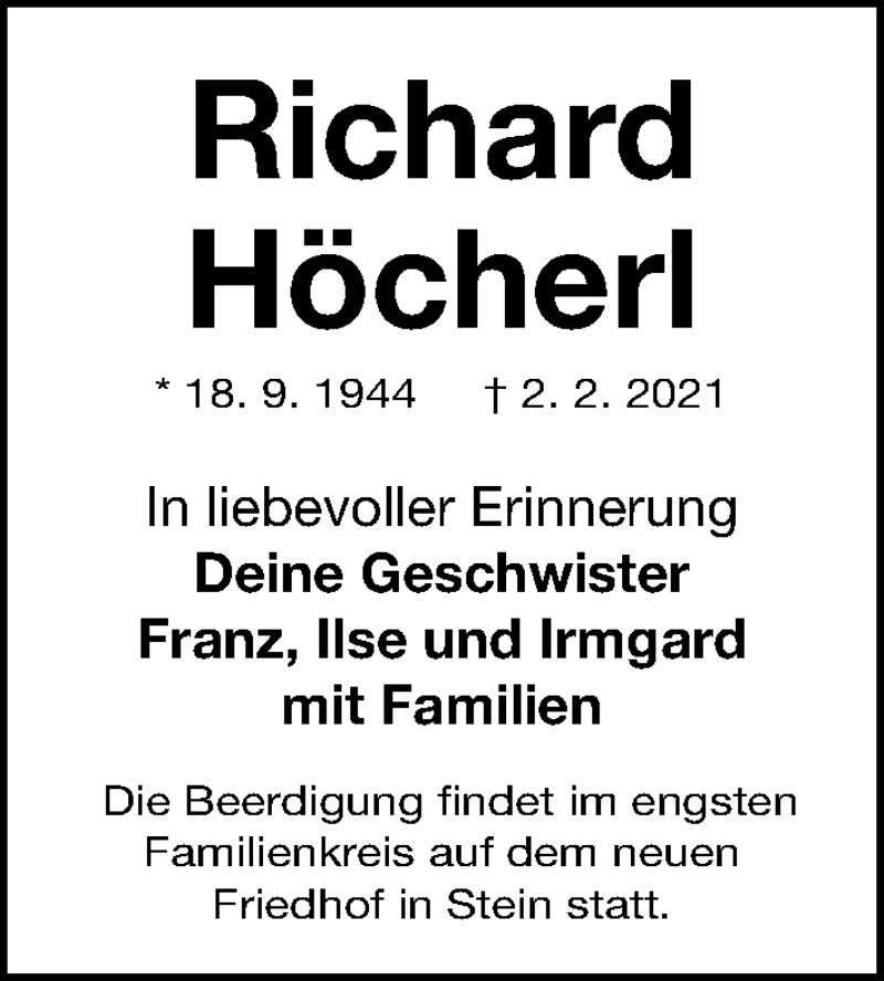  Traueranzeige für Richard Höcherl vom 06.02.2021 aus Gesamtausgabe Nürnberger Nachrichten/ Nürnberger Ztg.