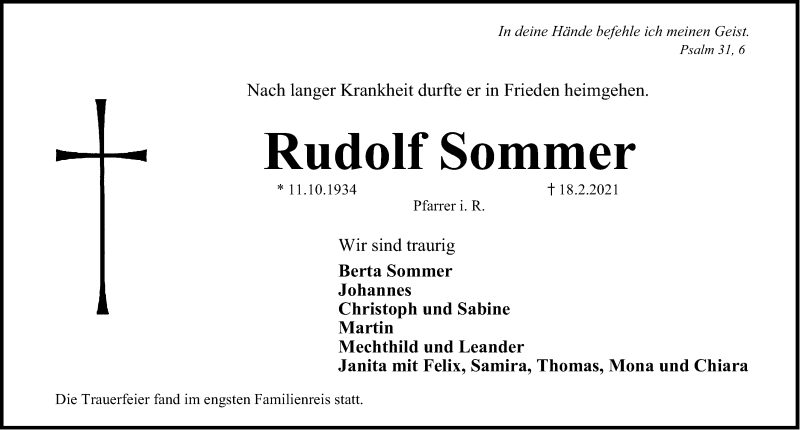  Traueranzeige für Rudolf Sommer vom 27.02.2021 aus Erlanger Nachrichten Lokal