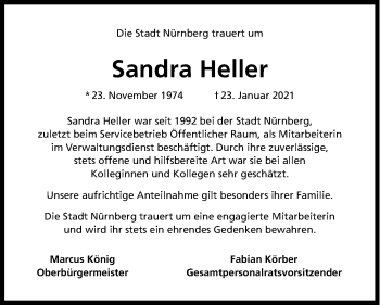 Traueranzeige von Sandra Heller von Gesamtausgabe Nürnberger Nachrichten/ Nürnberger Ztg.