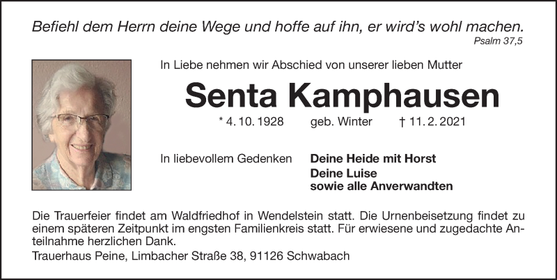  Traueranzeige für Senta Kamphausen vom 16.02.2021 aus Schwabacher Tagblatt Lokal