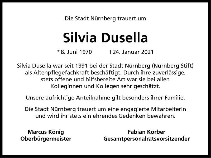  Traueranzeige für Silvia Dusella vom 09.02.2021 aus Gesamtausgabe Nürnberger Nachrichten/ Nürnberger Ztg.