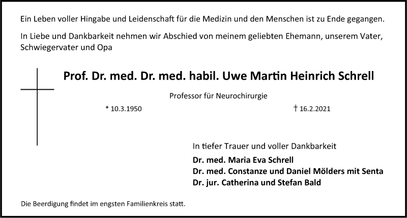  Traueranzeige für Uwe Martin Heinrich Schrell vom 20.02.2021 aus Gesamtausgabe Nürnberger Nachrichten/ Nürnberger Ztg.