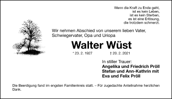 Traueranzeige von Walter Wüst von Fürther Nachrichten Lokal