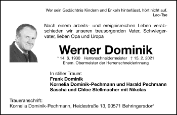 Traueranzeige von Werner Dominik von Gesamtausgabe Nürnberger Nachrichten/ Nürnberger Ztg.