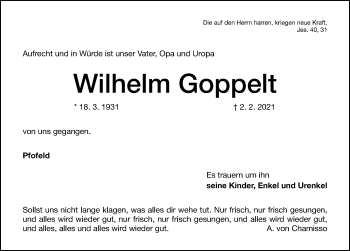 Traueranzeige von Willi Goppelt von Altmühl-Bote Lokal