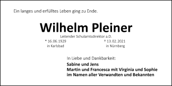 Traueranzeige von Wilhelm Pleiner von Gesamtausgabe Nürnberger Nachrichten/ Nürnberger Ztg.