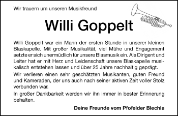Traueranzeige von Willi Goppelt von Altmühl-Bote Lokal