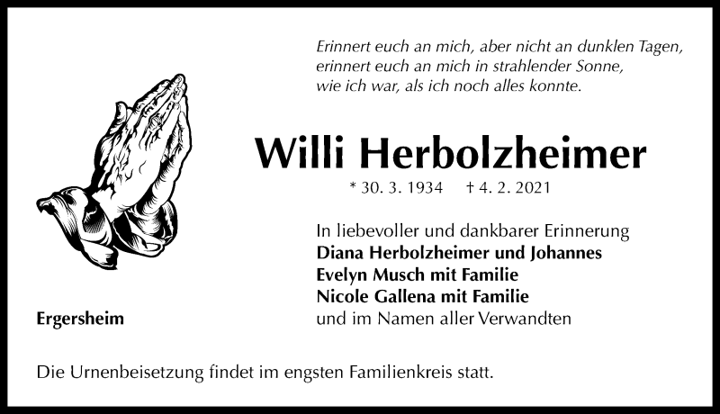  Traueranzeige für Willi Herbolzheimer vom 08.02.2021 aus Windsheimer Zeitung Lokal