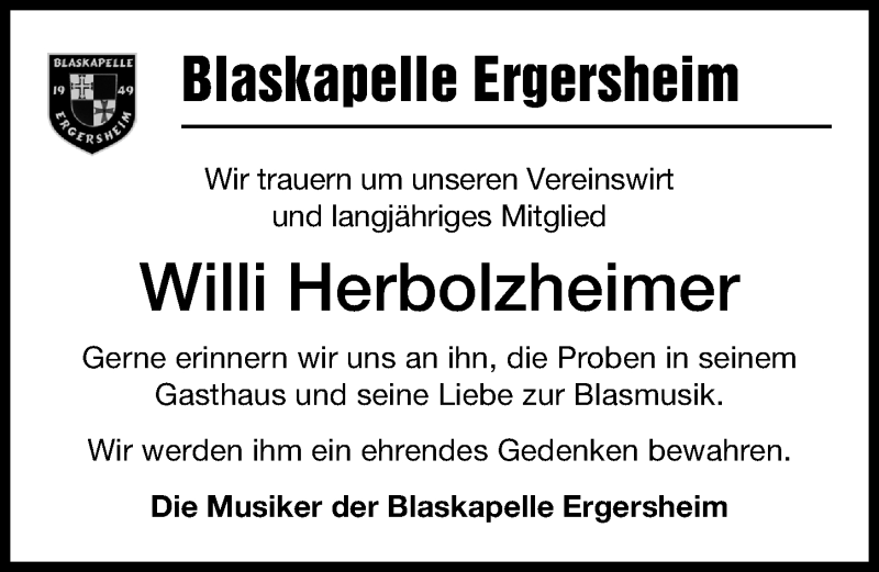  Traueranzeige für Willi Herbolzheimer vom 11.02.2021 aus Windsheimer Zeitung Lokal
