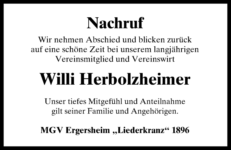  Traueranzeige für Willi Herbolzheimer vom 09.02.2021 aus Windsheimer Zeitung Lokal