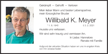 Traueranzeige von Willibald  Meyer von Gesamtausgabe Nürnberger Nachrichten/ Nürnberger Ztg./ Erlanger Nachrichten/ Fürther Nachrichten