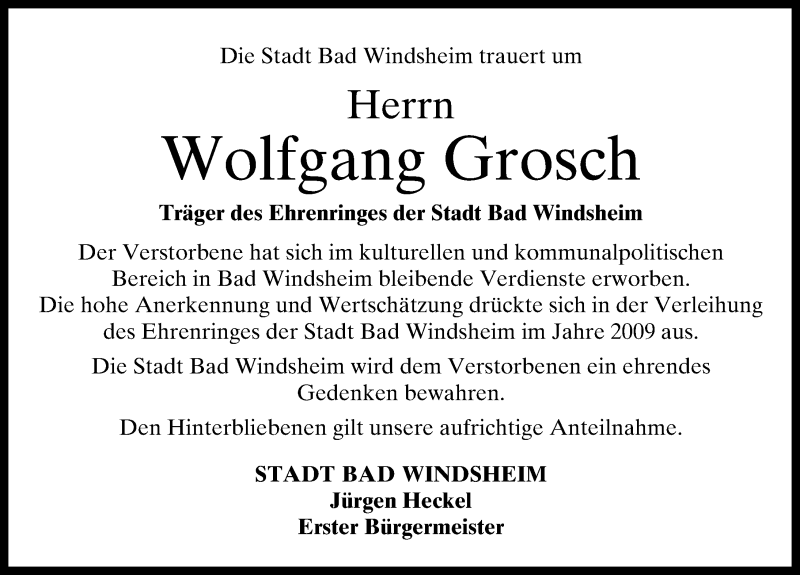  Traueranzeige für Wolfgang Grosch vom 16.02.2021 aus Windsheimer Zeitung Lokal