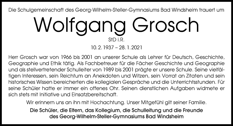  Traueranzeige für Wolfgang Grosch vom 12.02.2021 aus Windsheimer Zeitung Lokal