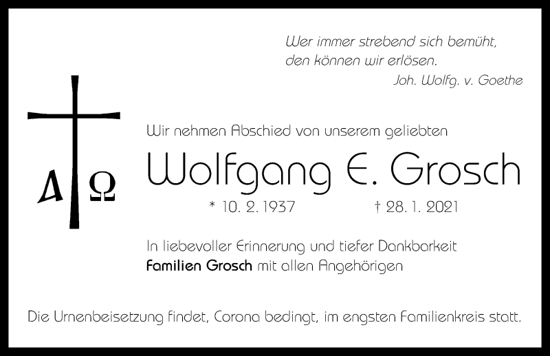  Traueranzeige für Wolfgang Grosch vom 12.02.2021 aus Windsheimer Zeitung Lokal